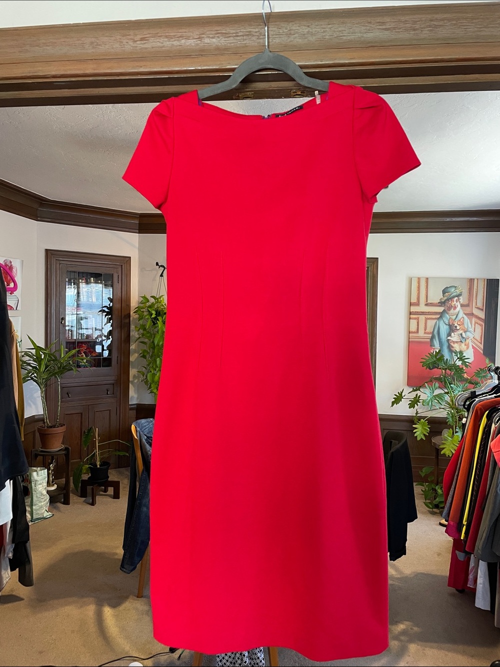 NWOT Elie Tahari Bright Red Cap-Sleeve Shift Dress with Silk Satin Purple lining